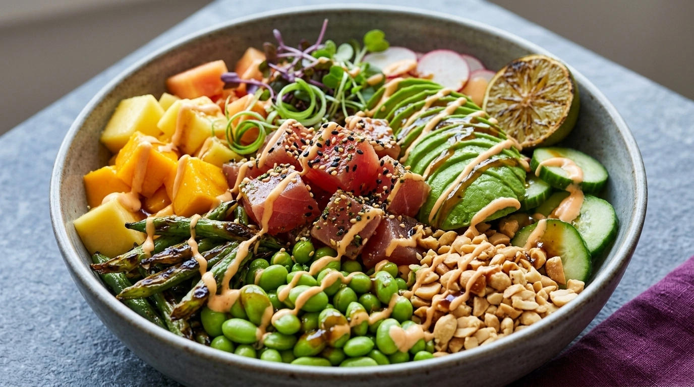 Vegetarisk poke bowl med edamame och avocado