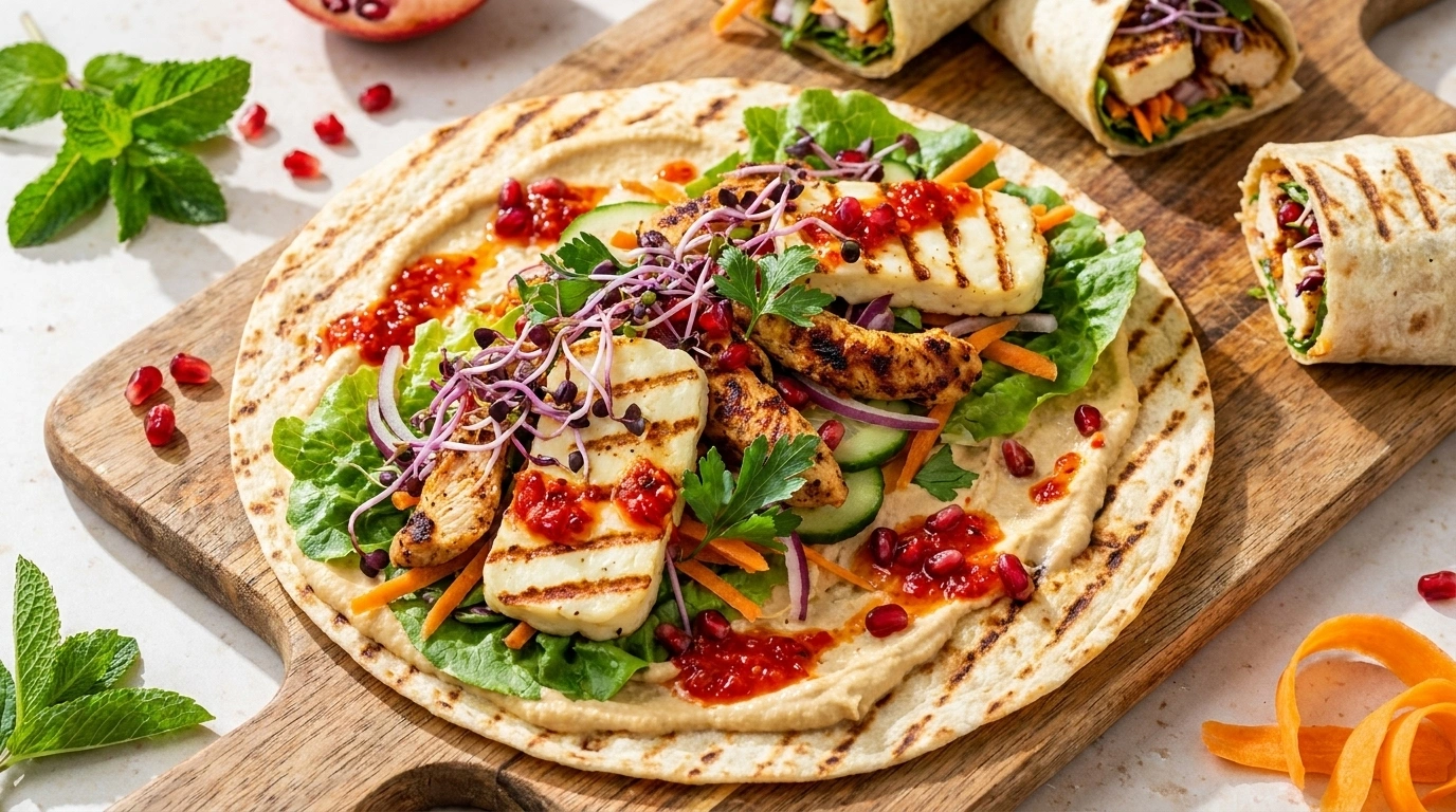Wraps med hummus och grillade grönsaker – Matig vegetarisk lunch på 20 minuter - traditionellt Mellanöstern Wraps recept, perfekt till vardagsmiddag