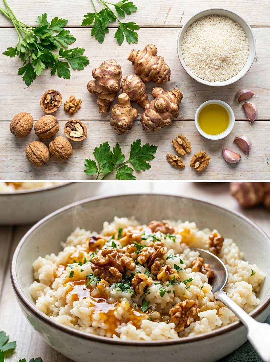 Jerusalem Artichoke Rice with Walnuts